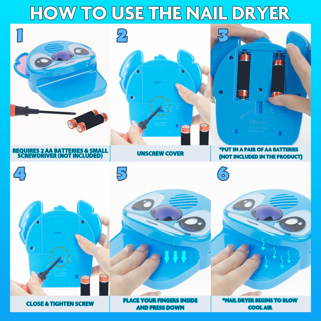Disney Stitch 16-Color Water-Based Peel-Off Nail Polish Set with Nail Dryer - Safe for Kids 3+