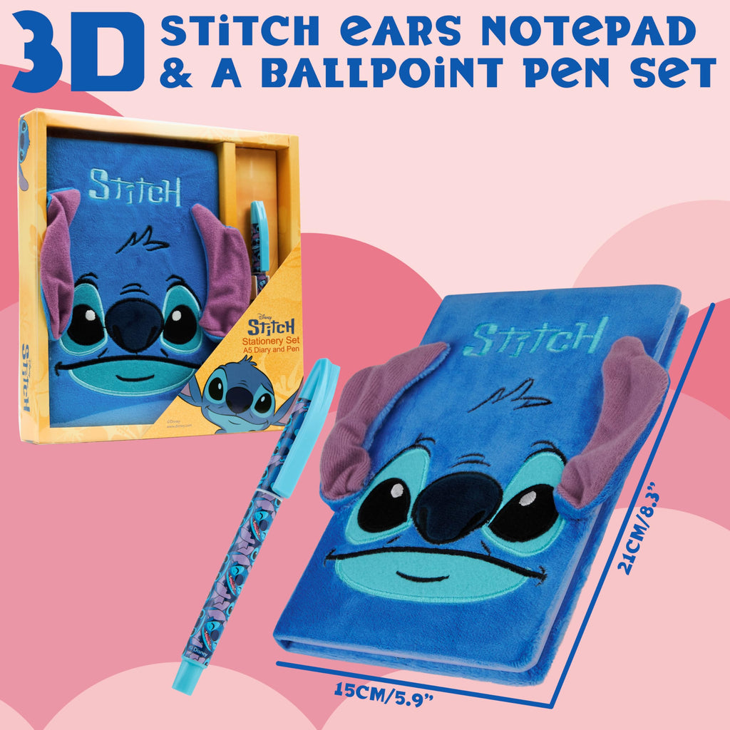 Disney Stitch A5 Lockable Journal with Pen - Blue Fluffy Hardcover Notebook for Girls Teens