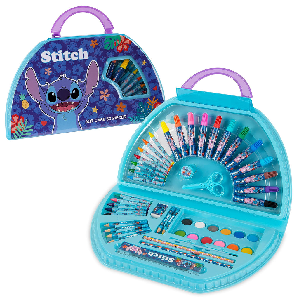 Disney Stitch Kids Art Set - 40+ Piece Colouring Kit with Paints, Markers, Crayons, and Pencils in Portable Case