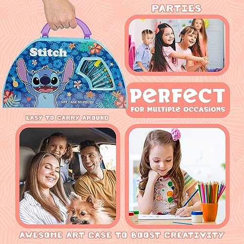 Disney Stitch Kids Art Set - 40+ Piece Colouring Kit with Paints, Markers, Crayons, and Pencils in Portable Case
