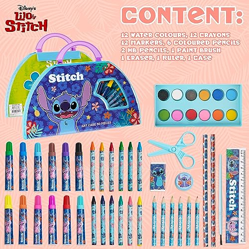 Disney Stitch Kids Art Set - 40+ Piece Colouring Kit with Paints, Markers, Crayons, and Pencils in Portable Case