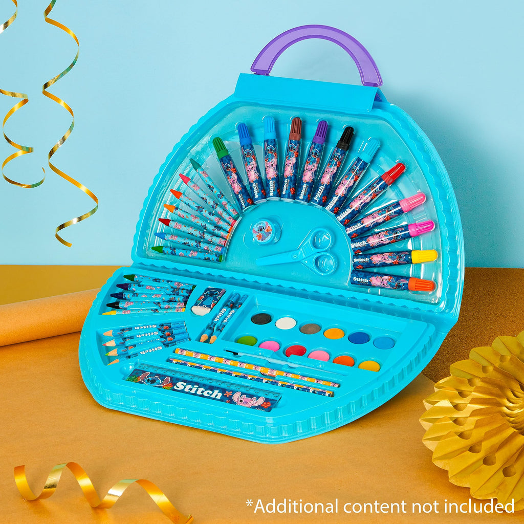 Disney Stitch Kids Art Set - 40+ Piece Colouring Kit with Paints, Markers, Crayons, and Pencils in Portable Case