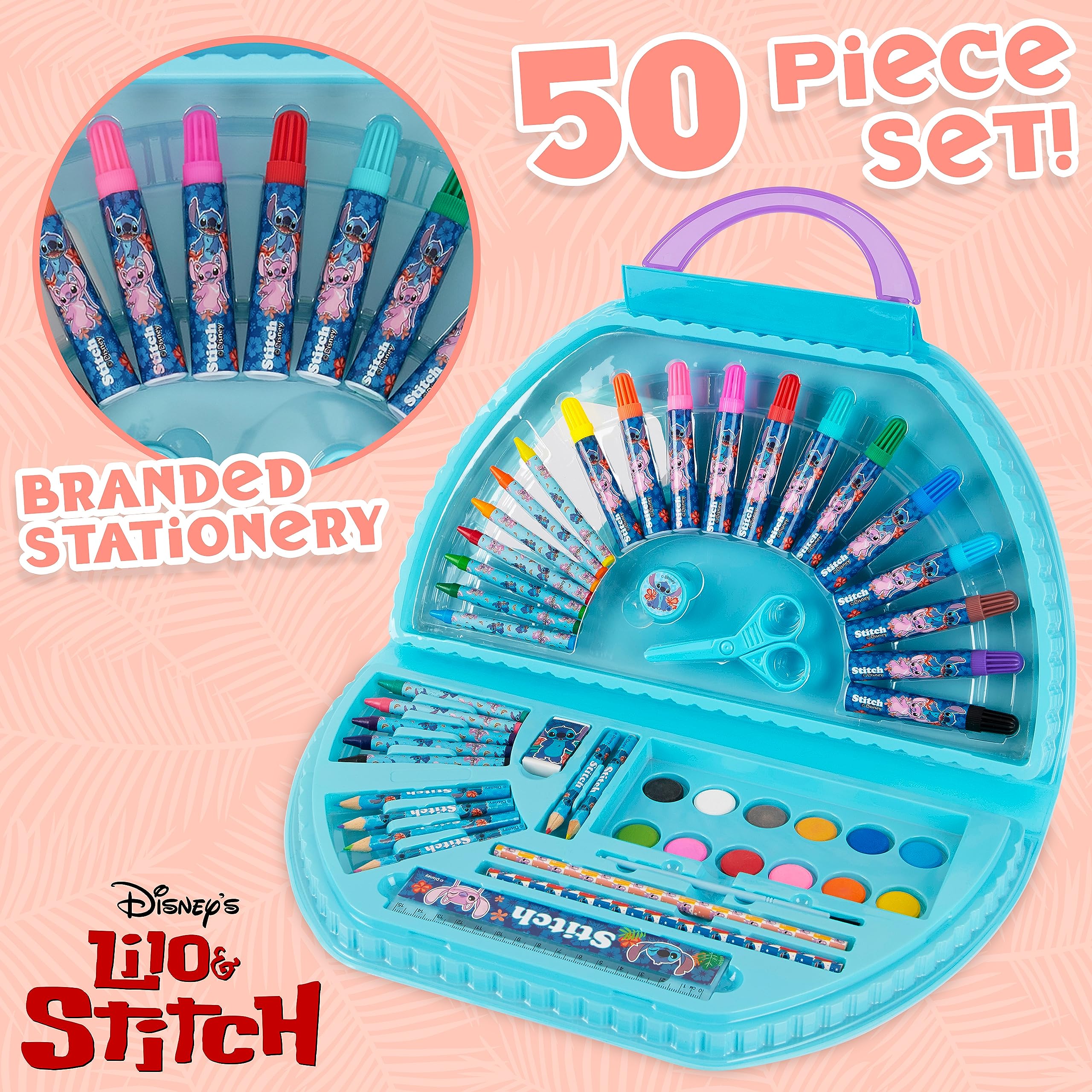 Disney Stitch Kids Art Set - 40+ Piece Colouring Kit with Paints, Markers, Crayons, and Pencils in Portable Case