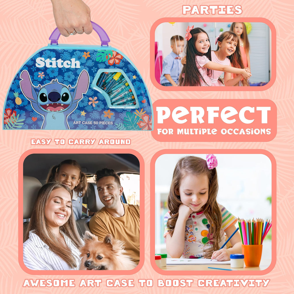 Disney Stitch Kids Art Set - 40+ Piece Colouring Kit with Paints, Markers, Crayons, and Pencils in Portable Case