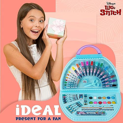 Disney Stitch Kids Art Set - 40+ Piece Colouring Kit with Paints, Markers, Crayons, and Pencils in Portable Case