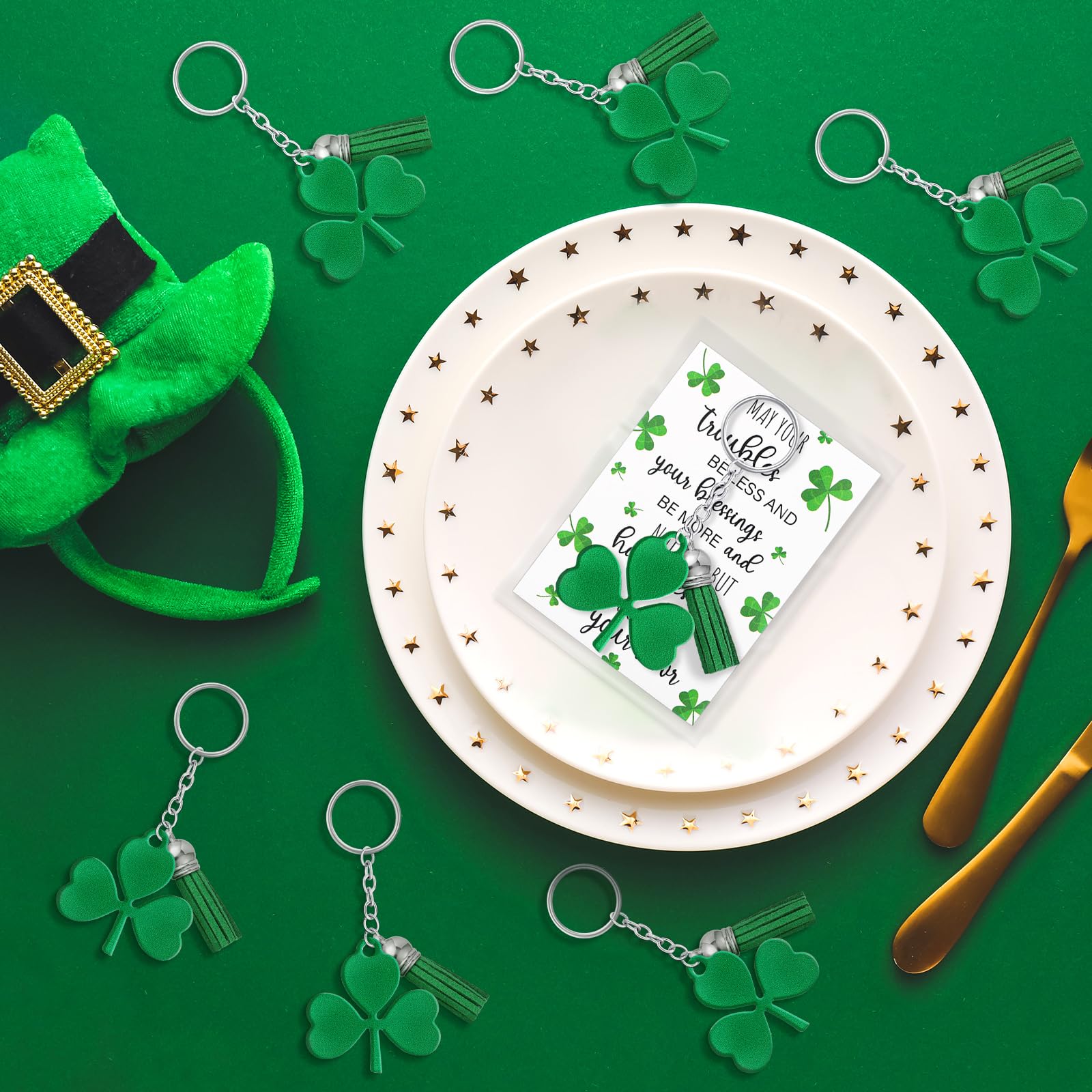 Dispowreath 36 Pack St. Patrick's Day Gift Sets - Shamrock Keychains with Tassels, Blessing Cards, OPP Bags for Irish Party Favors
