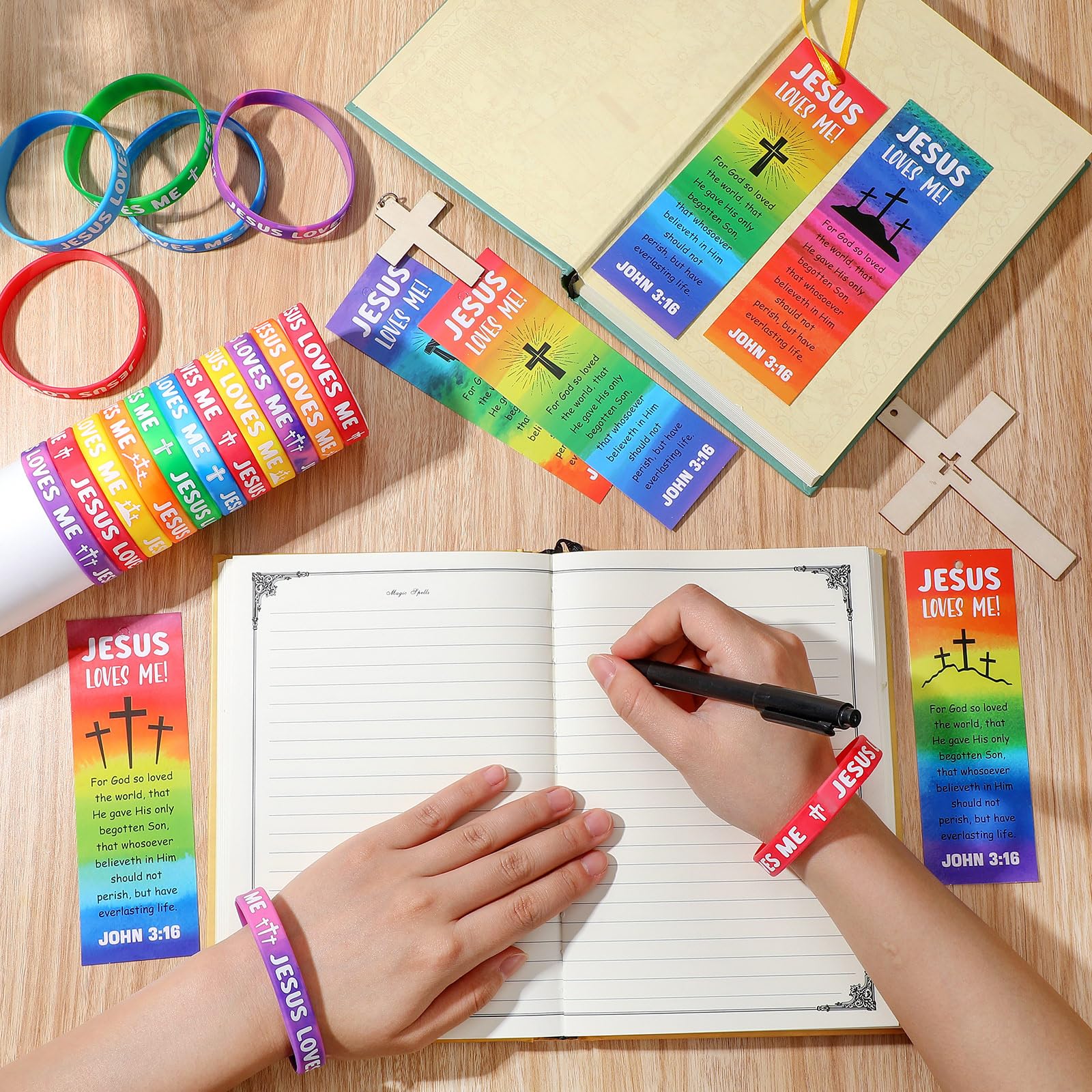Dispowreath 60 Pcs Christian Gift Set: John 3:16 Wristbands and Bookmarks for Kids Sunday School