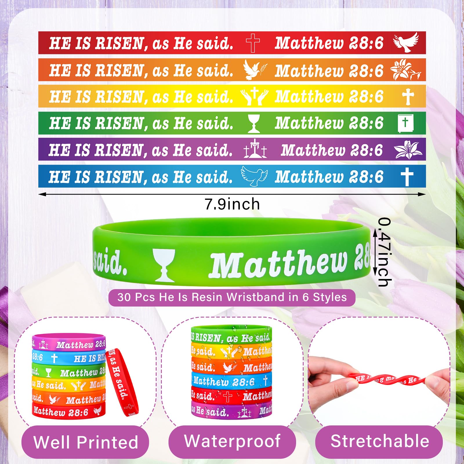 Dispowreath 60-Piece Easter He Is Risen Bookmarks and Bracelets Set – Bible Verse Matthew 28:6 Christian Gifts for Church or Sunday School