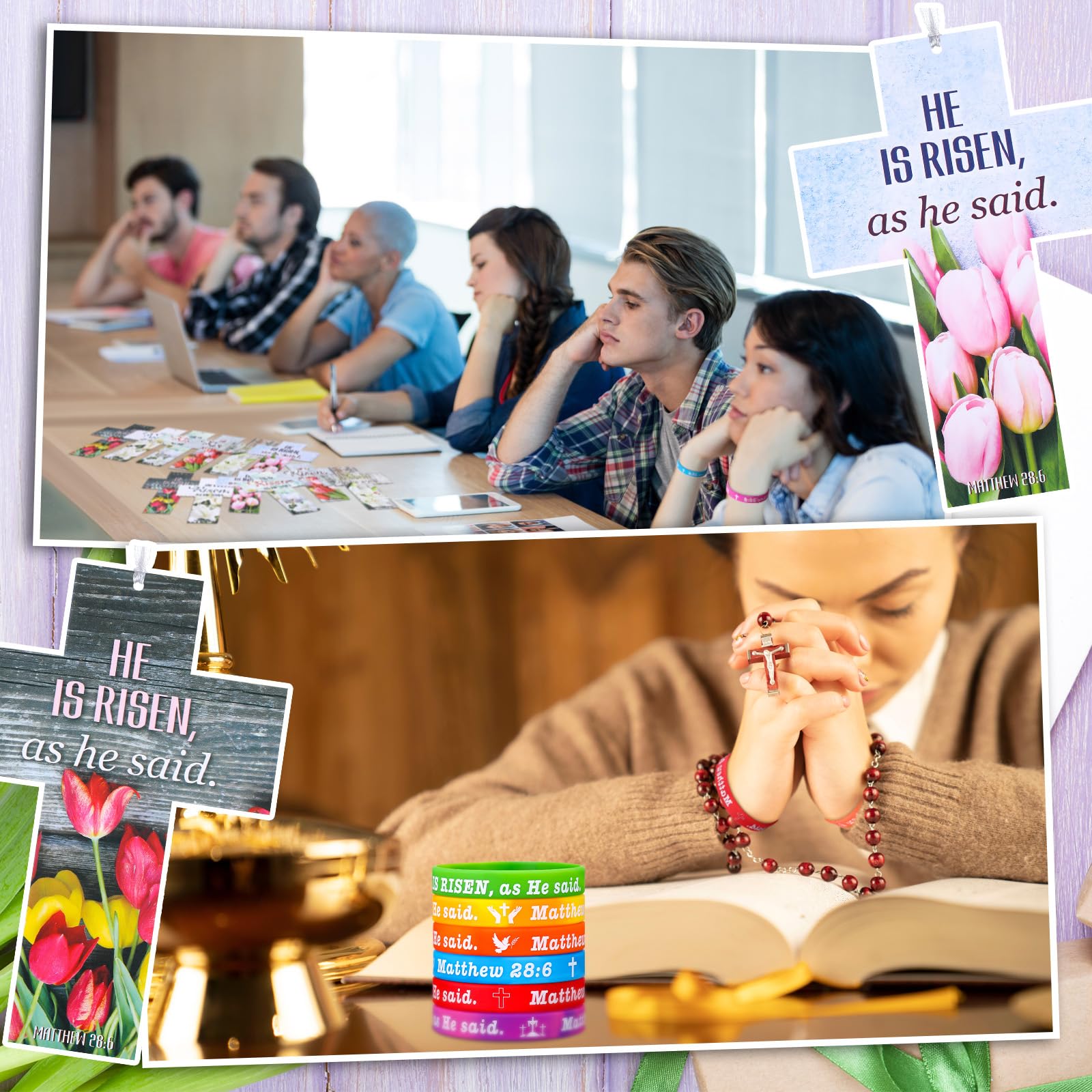 Dispowreath 60-Piece Easter He Is Risen Bookmarks and Bracelets Set – Bible Verse Matthew 28:6 Christian Gifts for Church or Sunday School