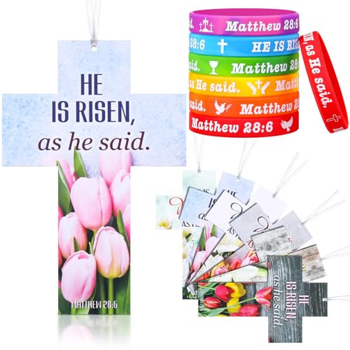 Dispowreath 60-Piece Easter He Is Risen Bookmarks and Bracelets Set – Bible Verse Matthew 28:6 Christian Gifts for Church or Sunday School