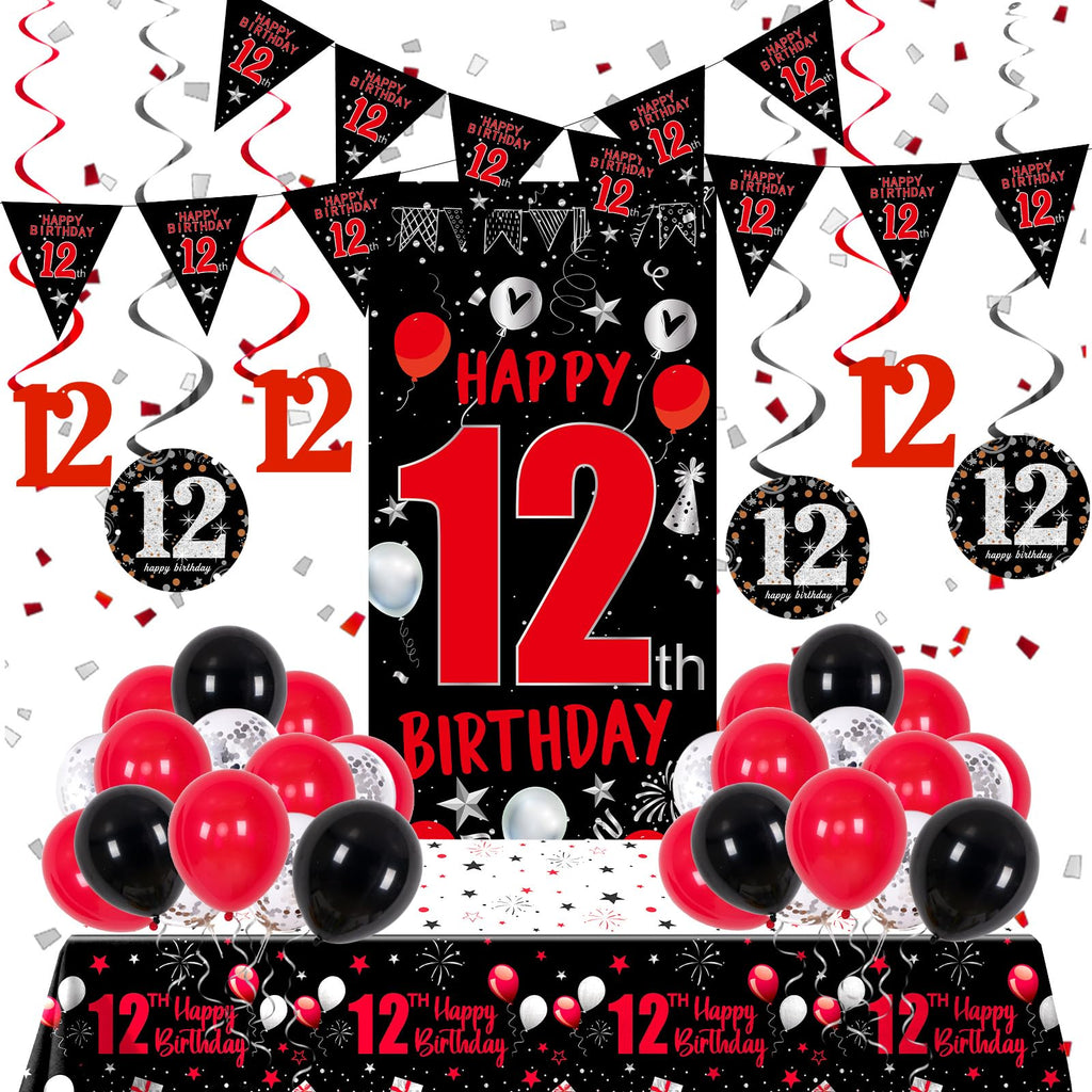 Distasio Red and Black 12th Birthday Decorations Kit – 31-Piece Party Set with Door Banner, Tablecloth, Balloons & More