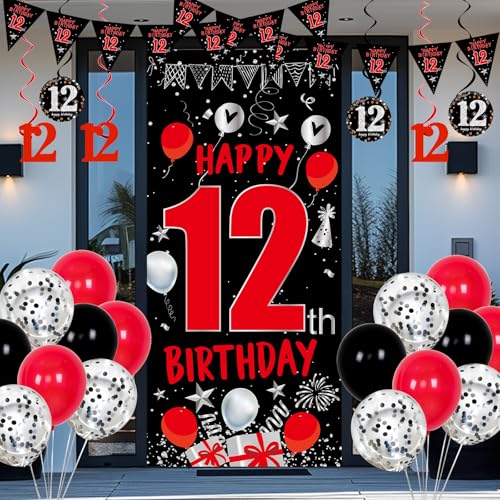 Distasio Red and Black 12th Birthday Decorations Kit – 31-Piece Party Set with Door Banner, Tablecloth, Balloons & More
