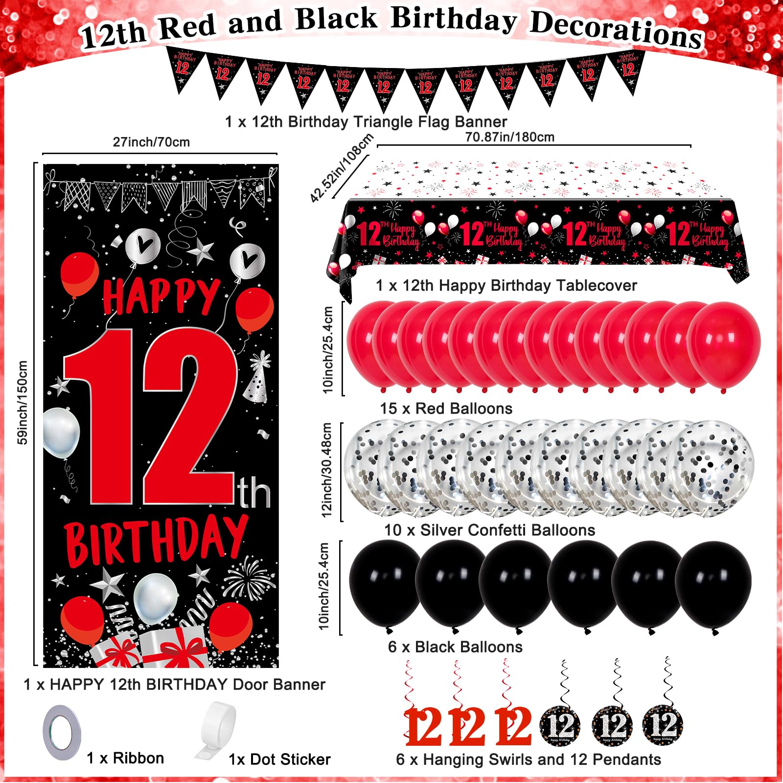 Distasio Red and Black 12th Birthday Decorations Kit – 31-Piece Party Set with Door Banner, Tablecloth, Balloons & More