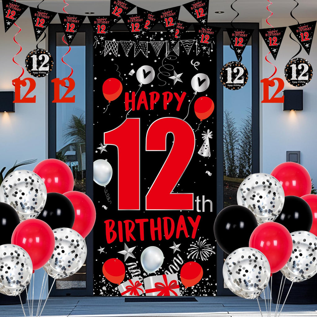 Distasio Red and Black 12th Birthday Decorations Kit – 31-Piece Party Set with Door Banner, Tablecloth, Balloons & More