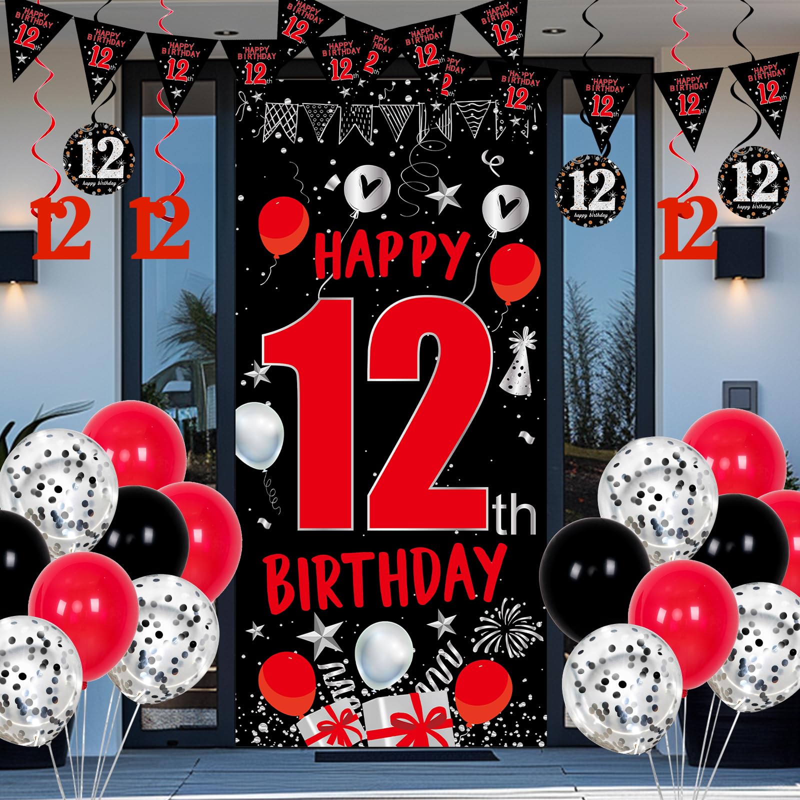 Distasio Red and Black 12th Birthday Decorations Kit – 31-Piece Party Set with Door Banner, Tablecloth, Balloons & More
