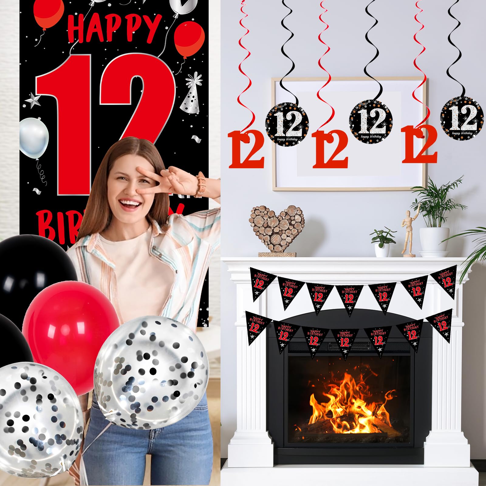 Distasio Red and Black 12th Birthday Decorations Kit – 31-Piece Party Set with Door Banner, Tablecloth, Balloons & More