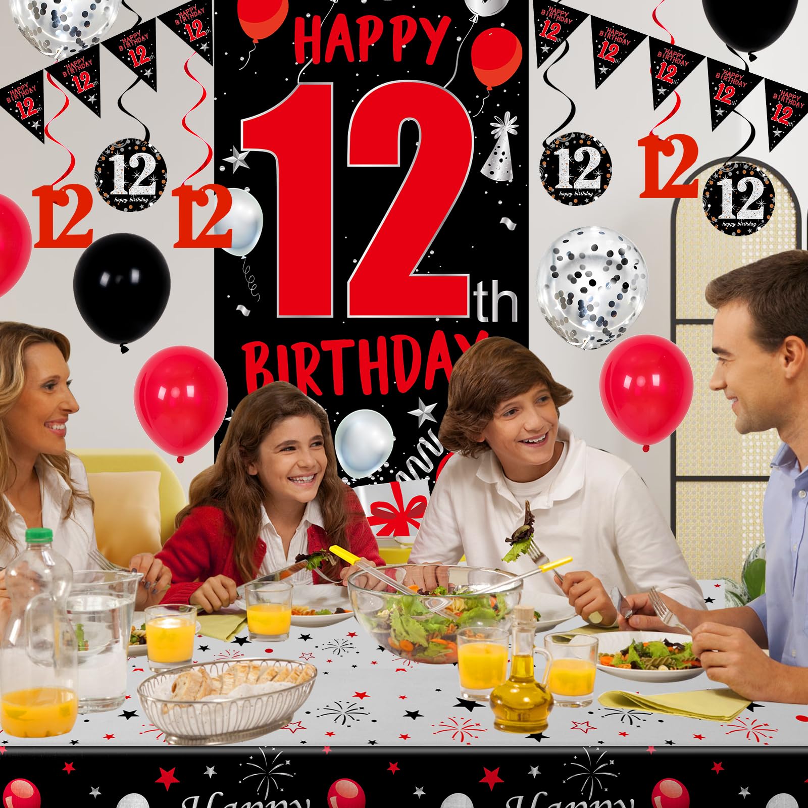 Distasio Red and Black 12th Birthday Decorations Kit – 31-Piece Party Set with Door Banner, Tablecloth, Balloons & More