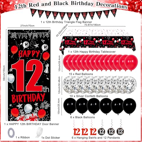 Distasio Red and Black 12th Birthday Decorations Kit – 31-Piece Party Set with Door Banner, Tablecloth, Balloons & More