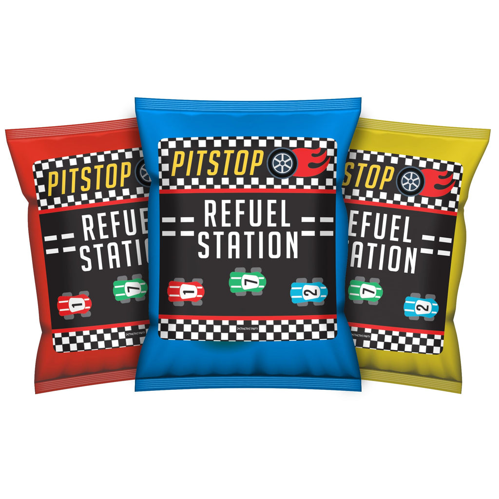 Distinctivs 32-Pack Race Car Chip Bag Labels – Pitstop Refuel Station Design for Birthday Party Favors