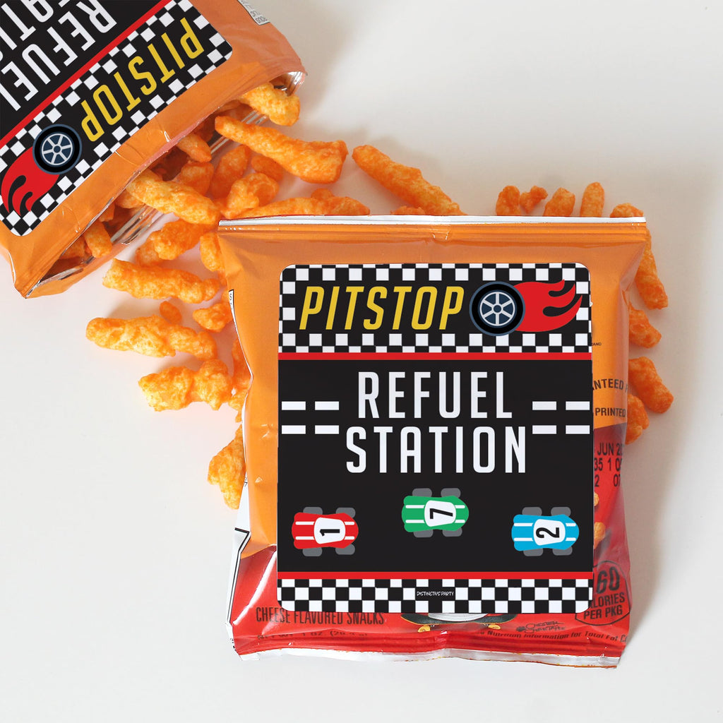 Distinctivs 32-Pack Race Car Chip Bag Labels – Pitstop Refuel Station Design for Birthday Party Favors