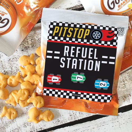 Distinctivs 32-Pack Race Car Chip Bag Labels – Pitstop Refuel Station Design for Birthday Party Favors