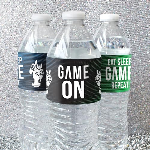 DISTINCTIVS Gamer Birthday Party Favors – 20 Waterproof Video Game Water Bottle Labels – Peel and Stick Stickers for Gaming Party Decorations