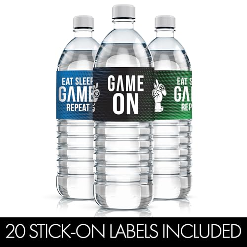 DISTINCTIVS Gamer Birthday Party Favors – 20 Waterproof Video Game Water Bottle Labels – Peel and Stick Stickers for Gaming Party Decorations