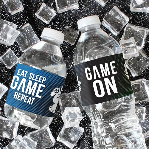 DISTINCTIVS Gamer Birthday Party Favors – 20 Waterproof Video Game Water Bottle Labels – Peel and Stick Stickers for Gaming Party Decorations