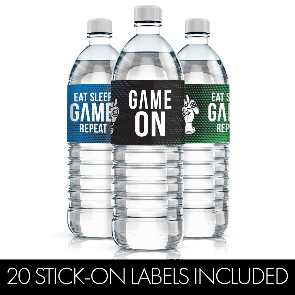DISTINCTIVS Gamer Birthday Party Favors – 20 Waterproof Video Game Water Bottle Labels – Peel and Stick Stickers for Gaming Party Decorations