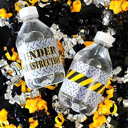 DISTINCTIVS Under Construction Water Bottle Labels - 20 Stickers, 8x2 Inch, Waterproof, Caution Tape Design