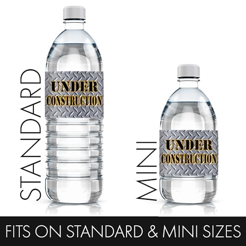 DISTINCTIVS Under Construction Water Bottle Labels - 20 Stickers, 8x2 Inch, Waterproof, Caution Tape Design