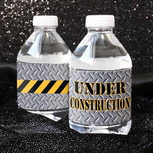 DISTINCTIVS Under Construction Water Bottle Labels - 20 Stickers, 8x2 Inch, Waterproof, Caution Tape Design
