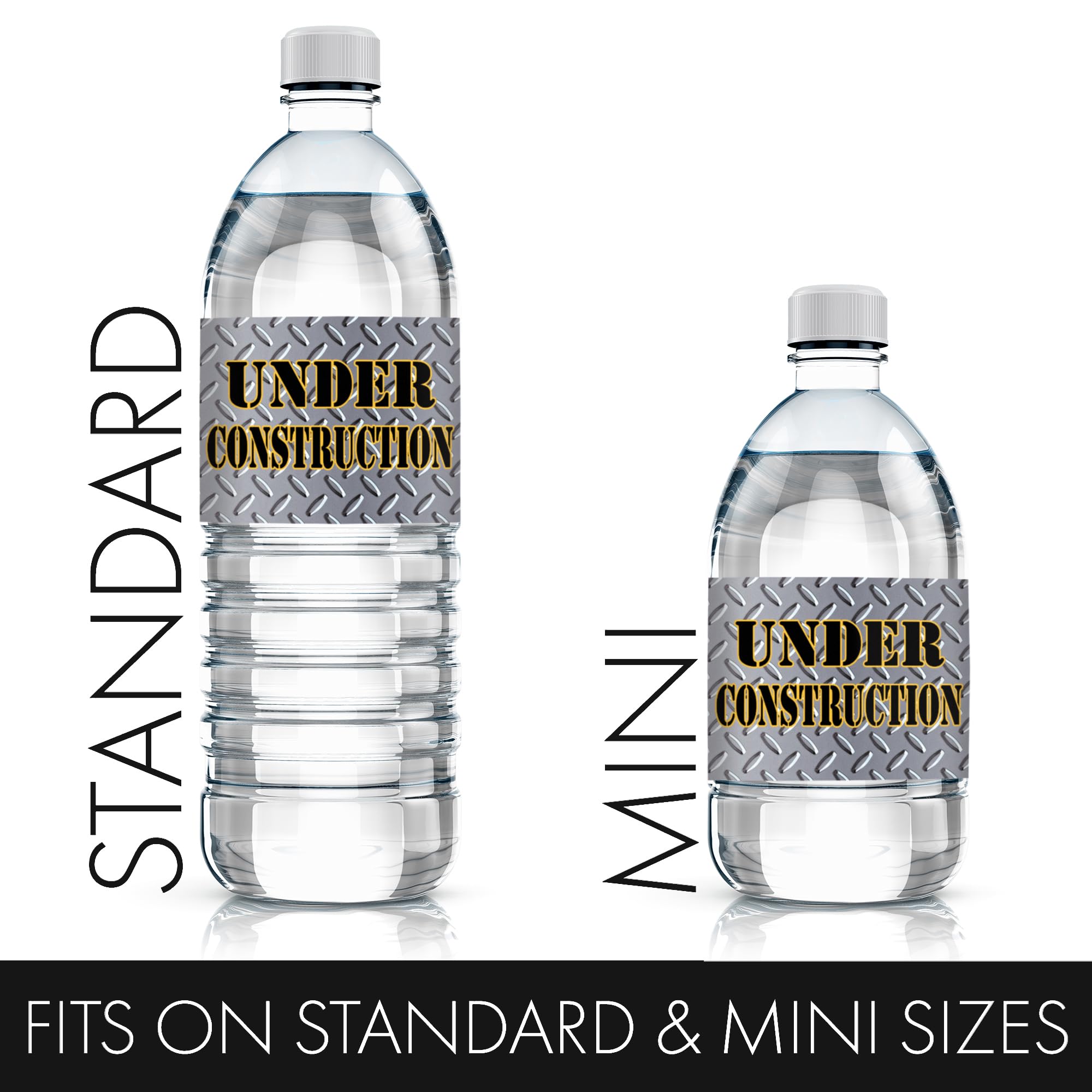 DISTINCTIVS Under Construction Water Bottle Labels - 20 Stickers, 8x2 Inch, Waterproof, Caution Tape Design