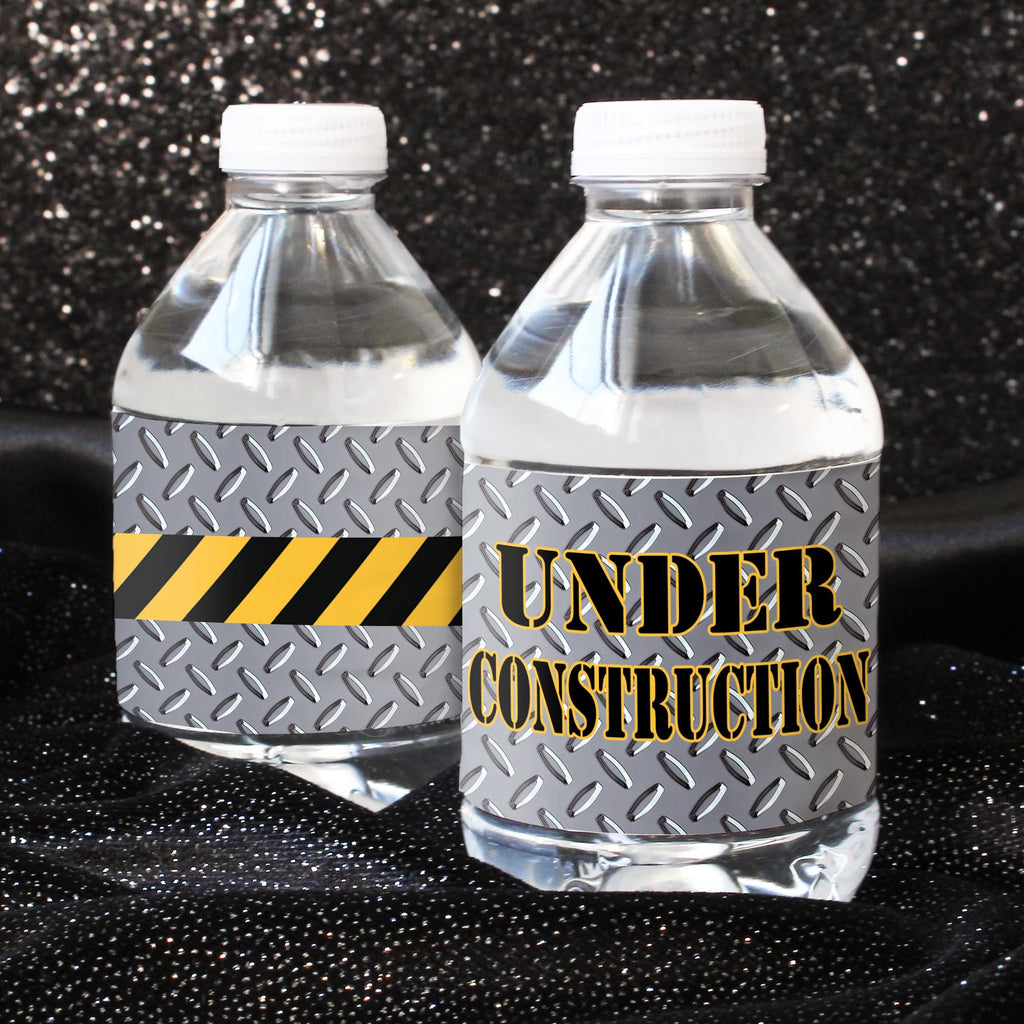 DISTINCTIVS Under Construction Water Bottle Labels - 20 Stickers, 8x2 Inch, Waterproof, Caution Tape Design