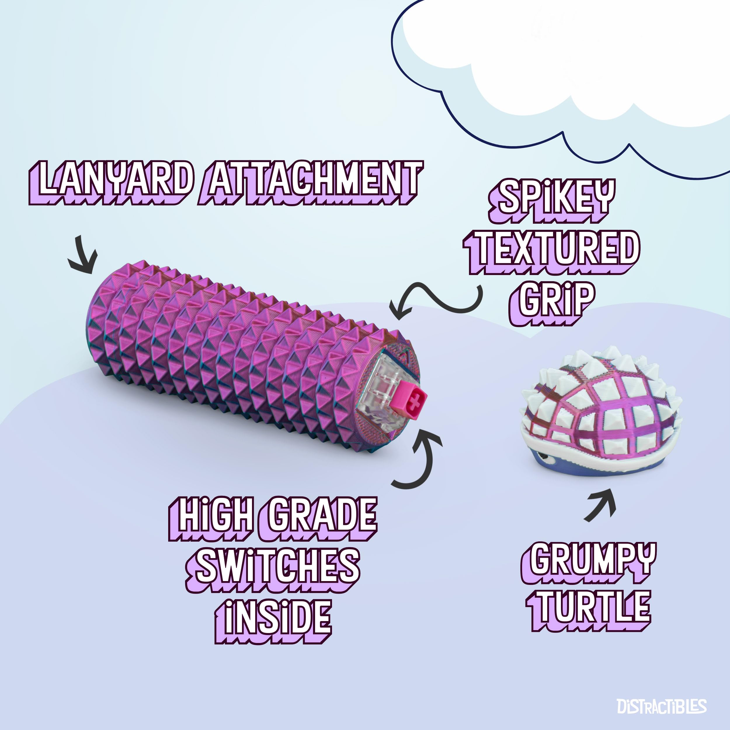 Distractibles Shelly Sensory Fidget Clicker - Neon Harmony - Textured Spiked Base & Turtle Clicker for Focus