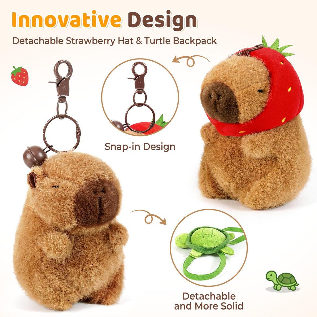 Ditucu 2-Pack Capybara Plush Keychain Set – Strawberry & Turtle Design, Soft Stuffed Animal Pendant for Backpacks and Keys