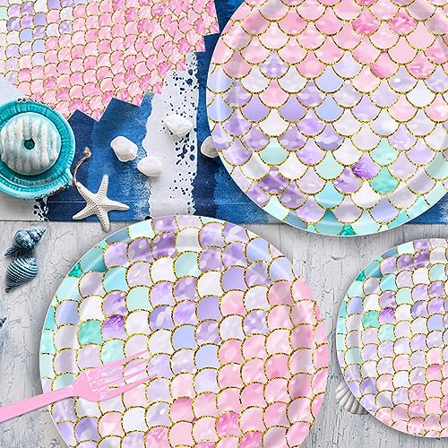 Dixutzi 96-Piece Mermaid Party Tableware Set – 24 Plates, Napkins, Forks for Ocean Theme Birthdays