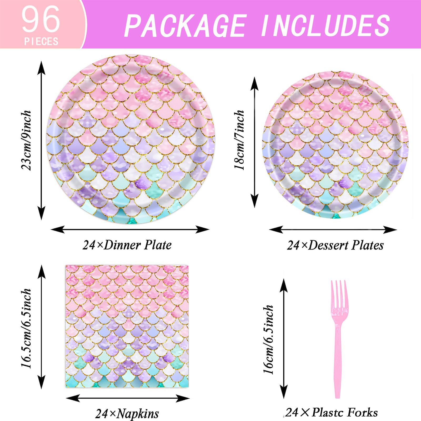Dixutzi 96-Piece Mermaid Party Tableware Set – 24 Plates, Napkins, Forks for Ocean Theme Birthdays