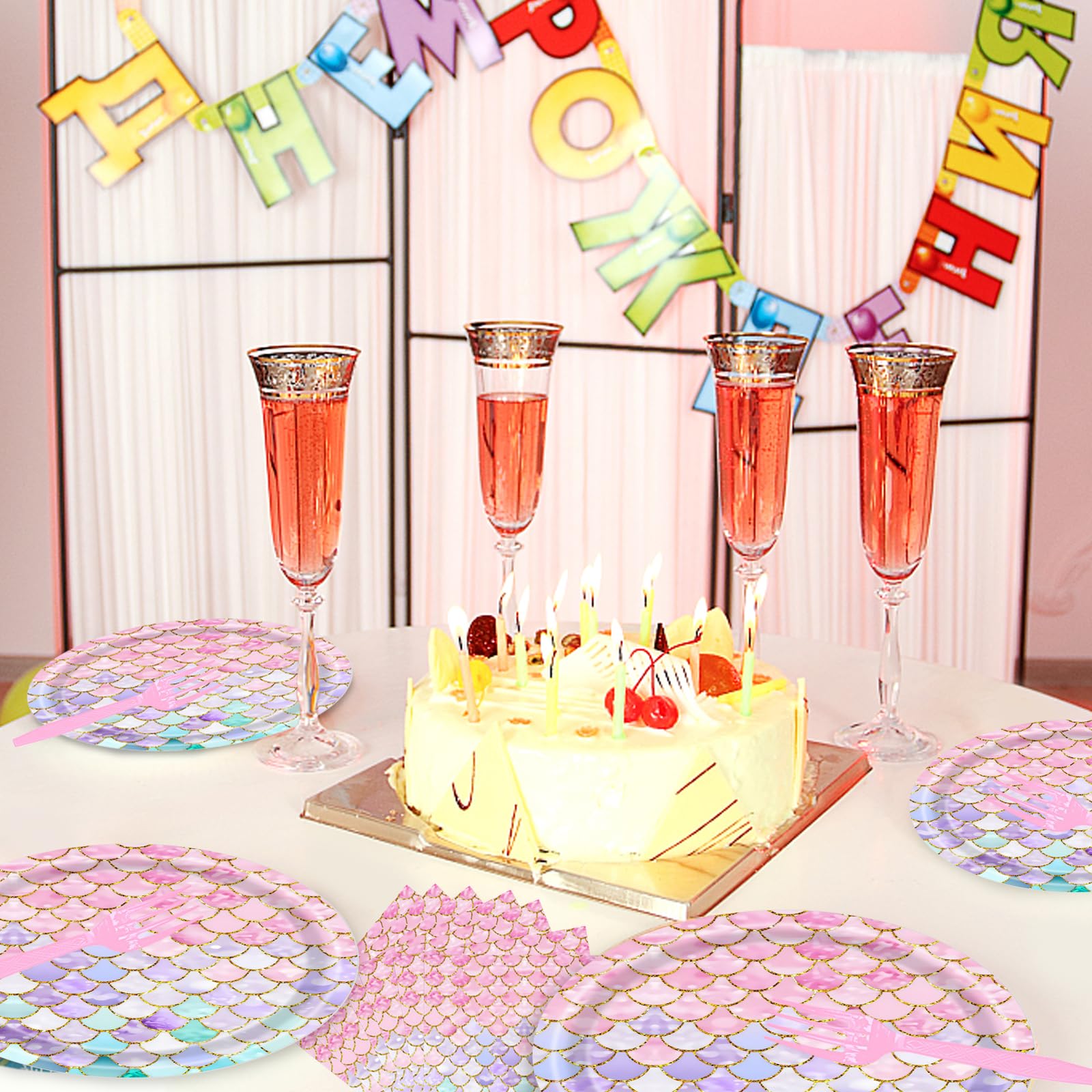 Dixutzi 96-Piece Mermaid Party Tableware Set – 24 Plates, Napkins, Forks for Ocean Theme Birthdays