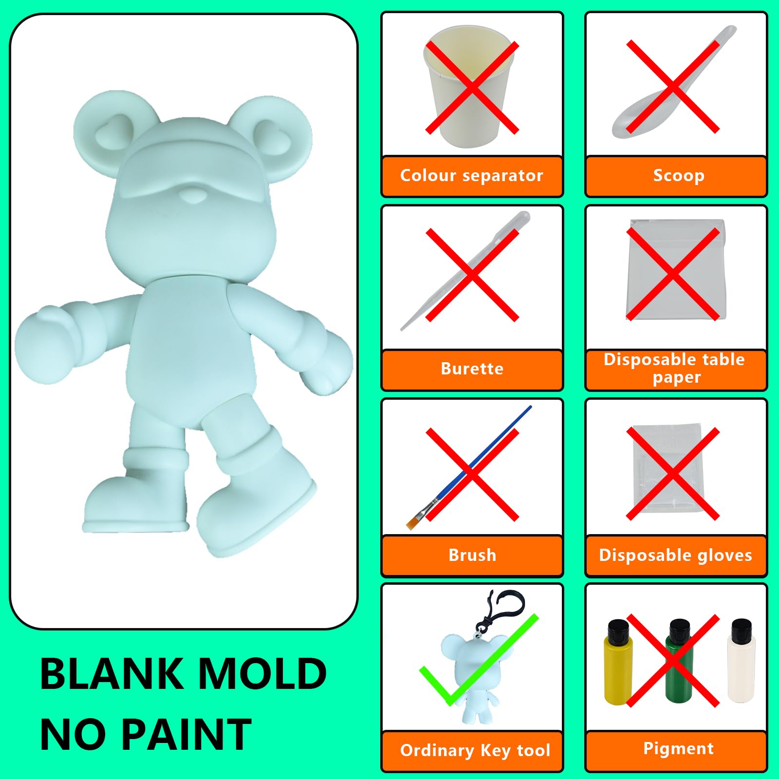 DIY Fluid Bear + Keychain Painting Set - 9 Inch Blank Mold for Creative Fluid Art