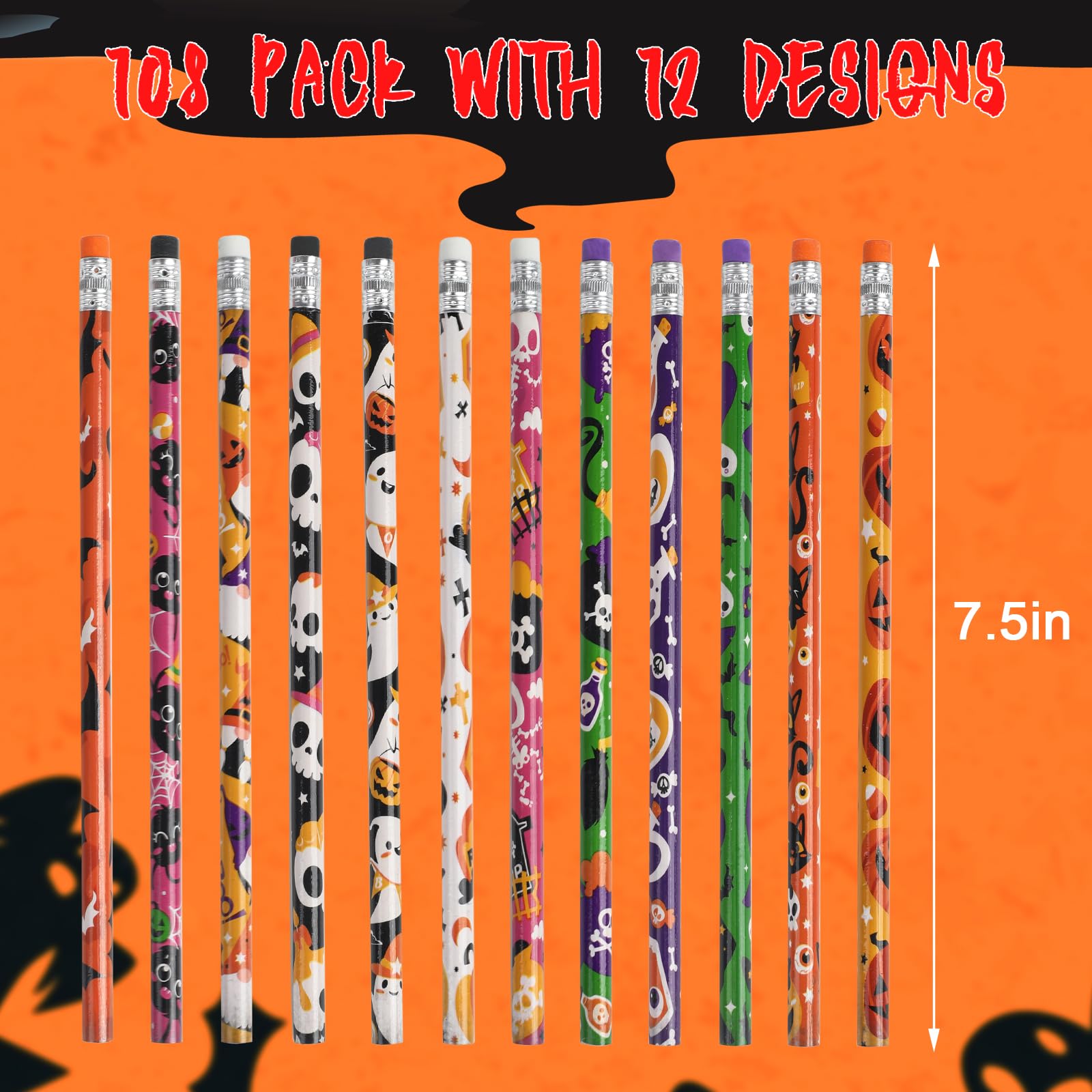 DIYASY 108-Pack Halloween Pencils with Erasers – 12 Assorted Designs for Kids’ Party Favors