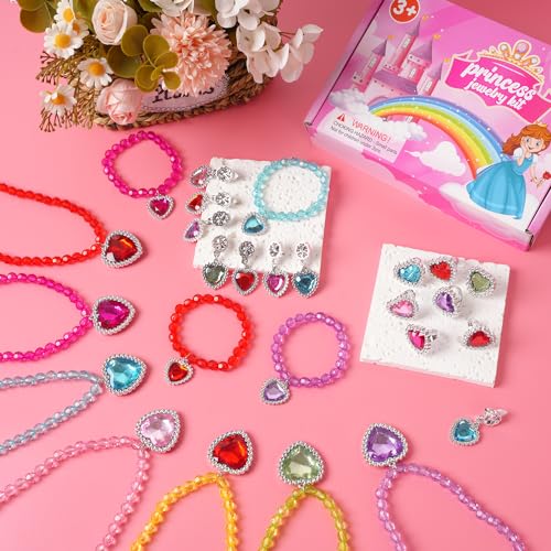 DIZRNOI Princess Jewelry Set for Girls - 28 Pieces with Box, Clip-On Earrings, Elastic Bracelets & Necklaces