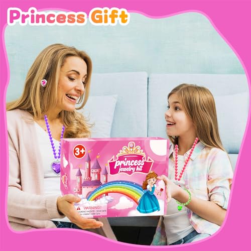 DIZRNOI Princess Jewelry Set for Girls - 28 Pieces with Box, Clip-On Earrings, Elastic Bracelets & Necklaces