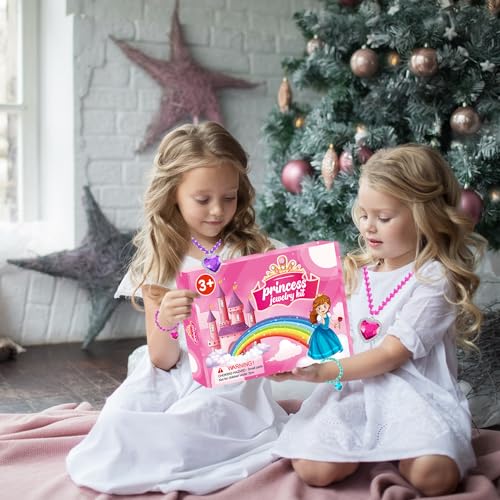 DIZRNOI Princess Jewelry Set for Girls - 28 Pieces with Box, Clip-On Earrings, Elastic Bracelets & Necklaces