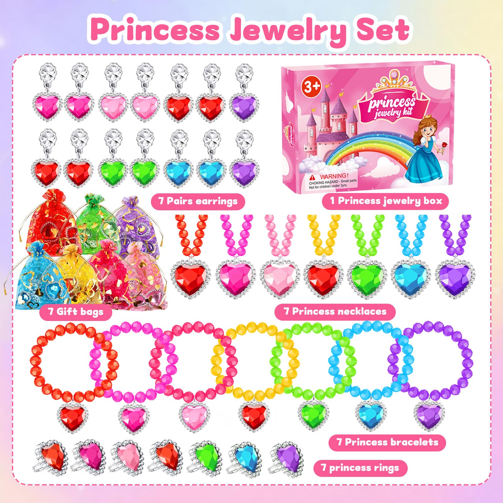 DIZRNOI Princess Jewelry Set for Girls - 28 Pieces with Box, Clip-On Earrings, Elastic Bracelets & Necklaces