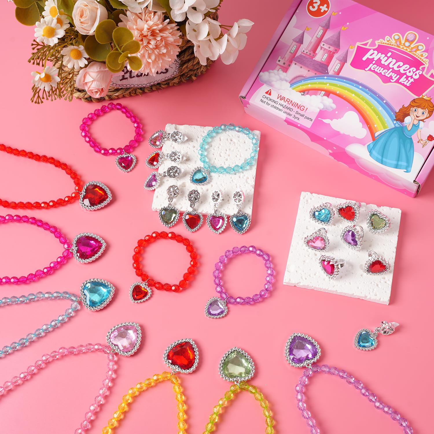 DIZRNOI Princess Jewelry Set for Girls - 28 Pieces with Box, Clip-On Earrings, Elastic Bracelets & Necklaces