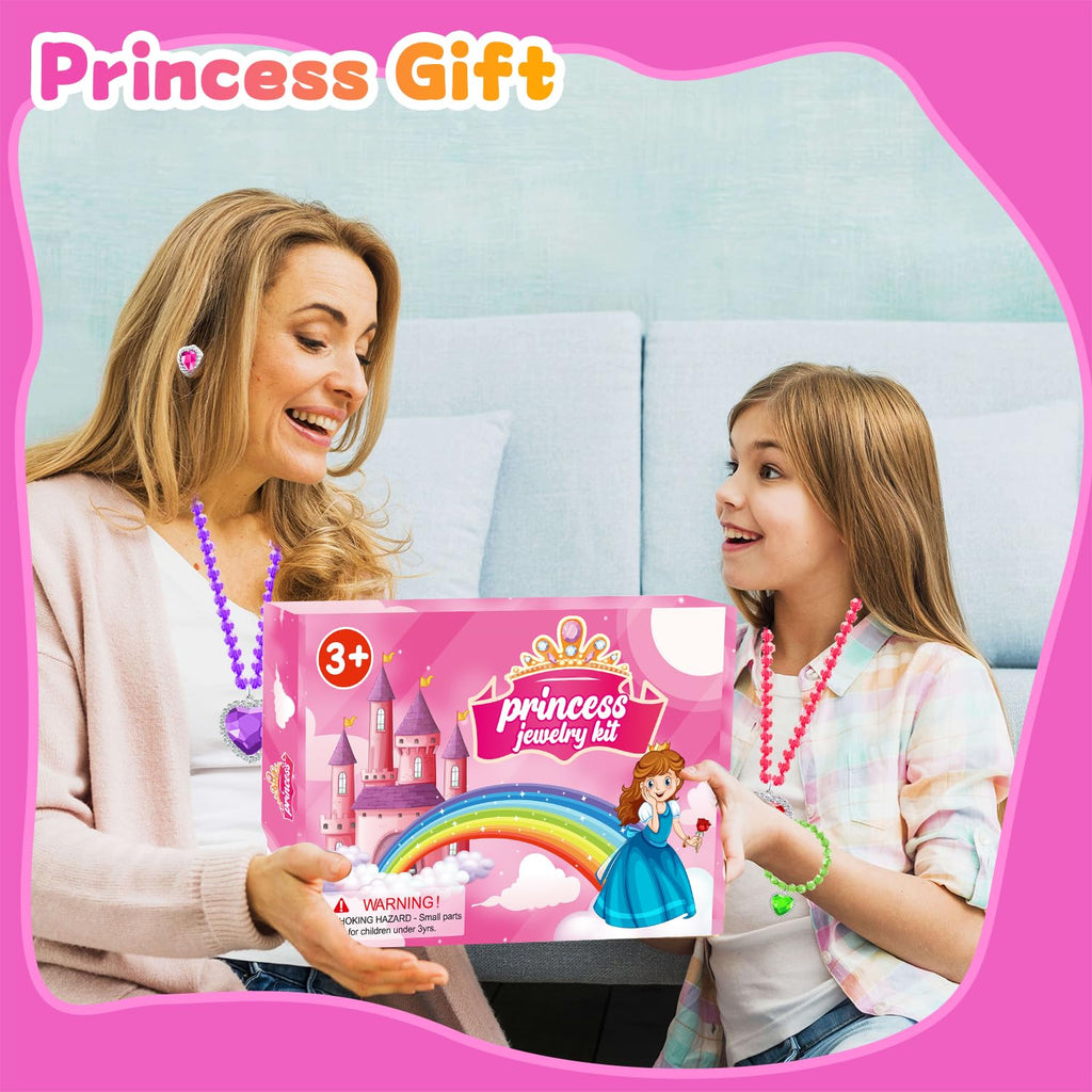 DIZRNOI Princess Jewelry Set for Girls - 28 Pieces with Box, Clip-On Earrings, Elastic Bracelets & Necklaces