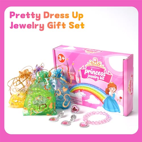 DIZRNOI Princess Jewelry Set for Girls - 28 Pieces with Box, Clip-On Earrings, Elastic Bracelets & Necklaces