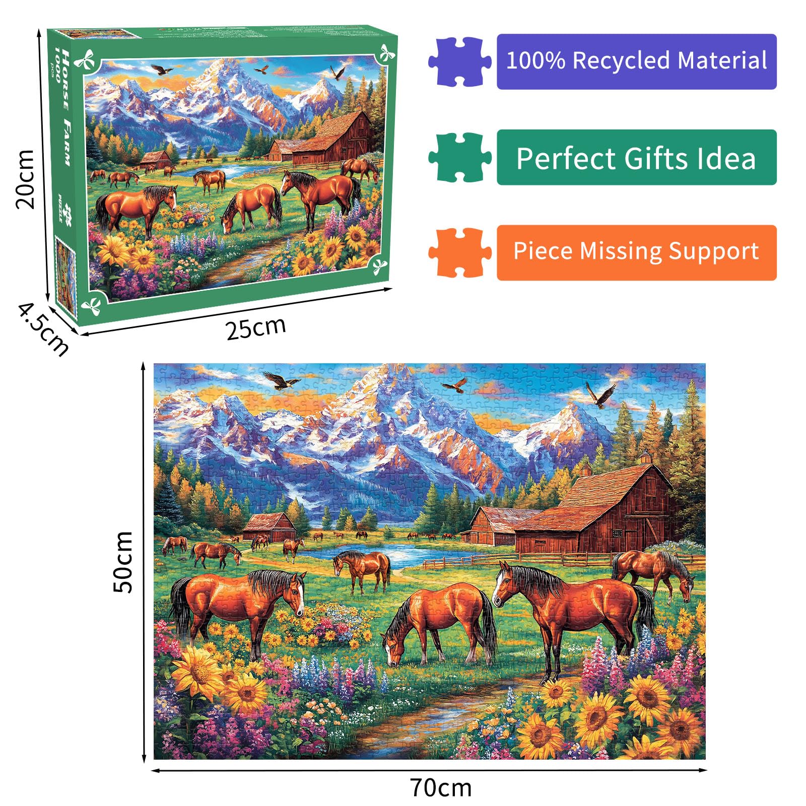 DKijoys 1000 Piece Horse Ranch Jigsaw Puzzle – Sunflowers Meadow Scene for Adults