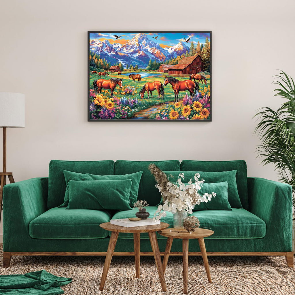 DKijoys 1000 Piece Horse Ranch Jigsaw Puzzle – Sunflowers Meadow Scene for Adults